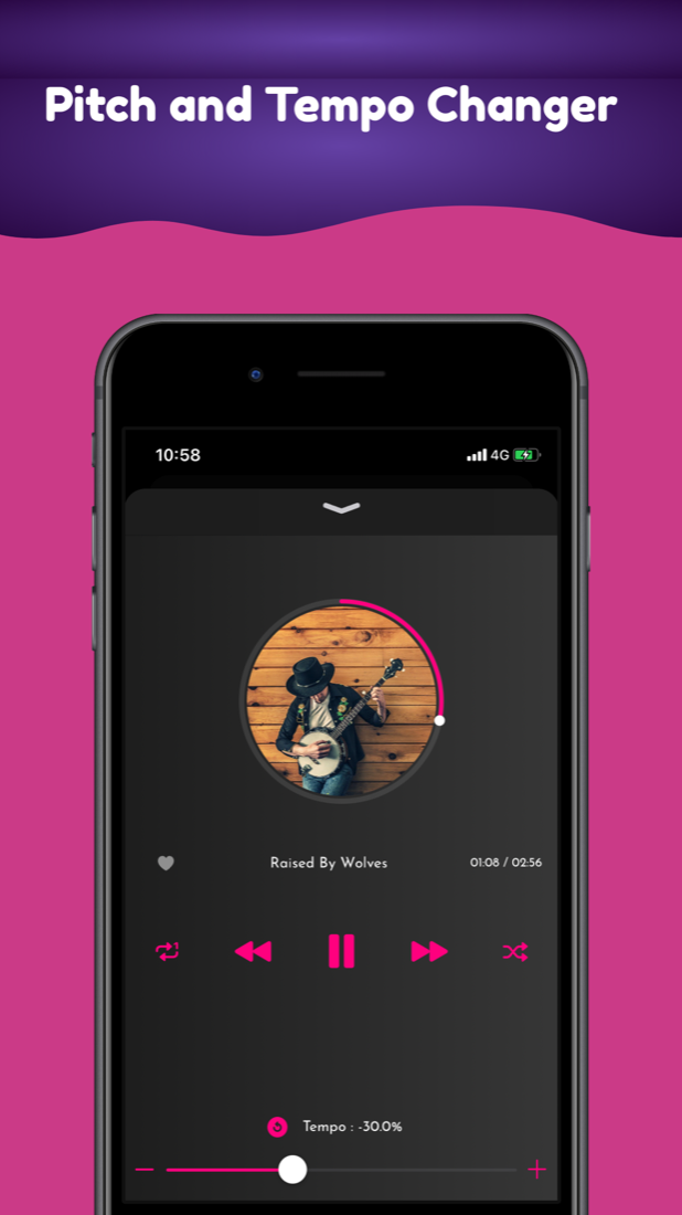 TimePitch now-playing screen with the tempo slider set to -30%