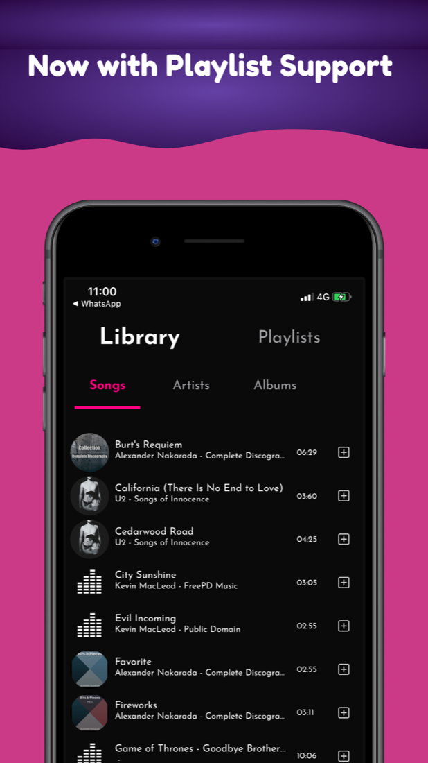 Library screen listing songs, artists and albums