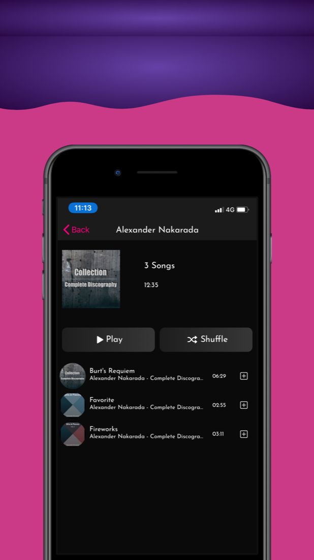 Artist screen with play and shuffle buttons