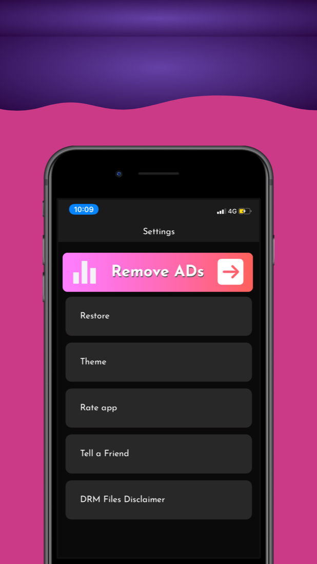 Settings screen with theme and remove ads options
